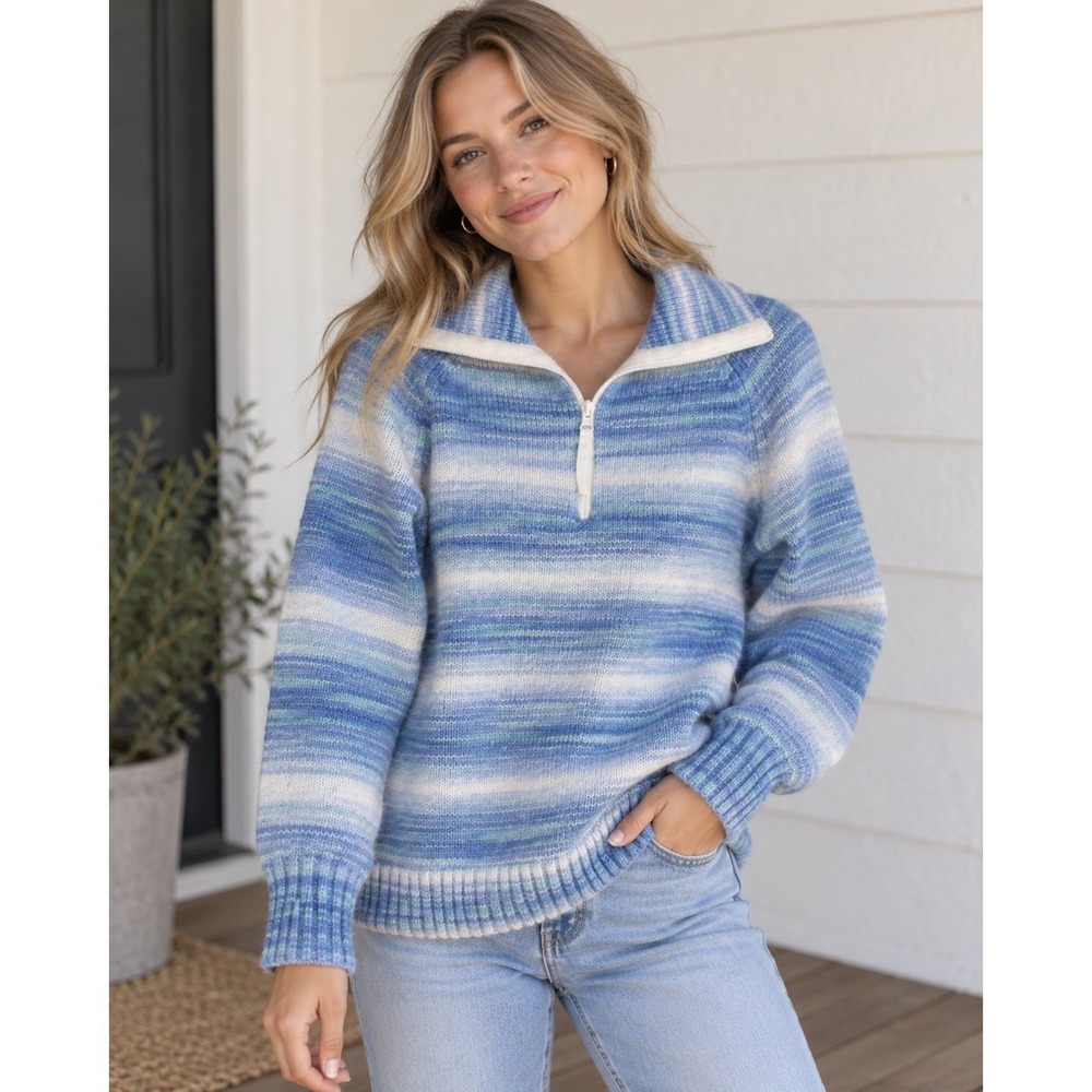 T by Talbots Blue Space Dye Striped Quarter Zip Sweater Mock Neck XS JO5161